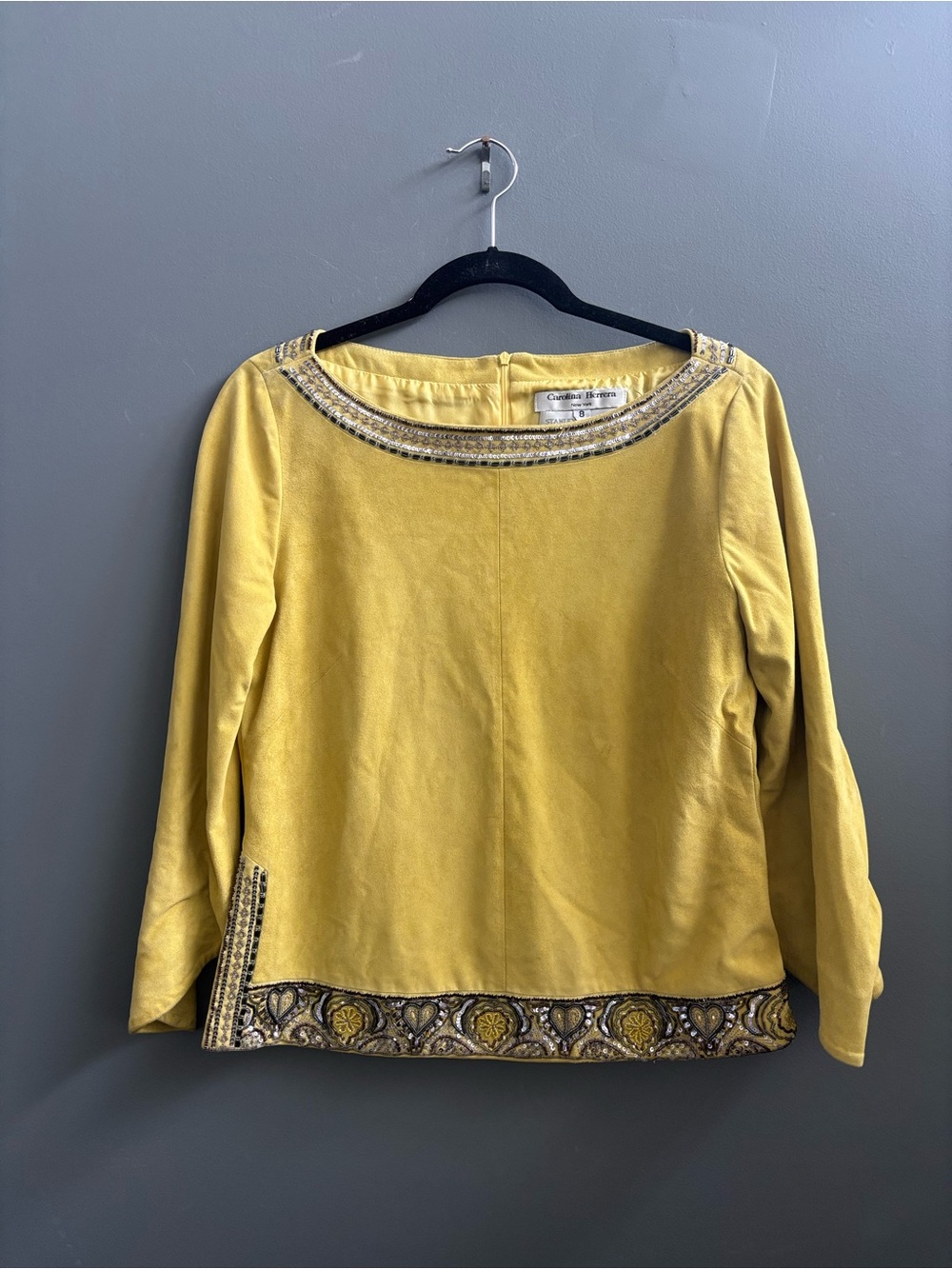 Carolina Herrera Vintage Yellow Suede Beaded Boatneck Top